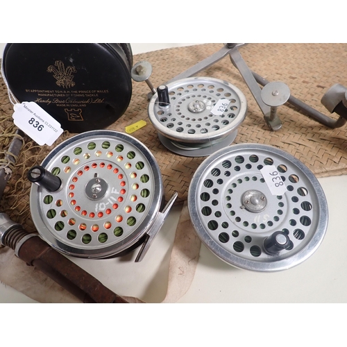 836 - A Hardy Marquis Salmon No1 Fly Reel in zip case, and two spare Spools, a Hardy's Folding Landing Net... 