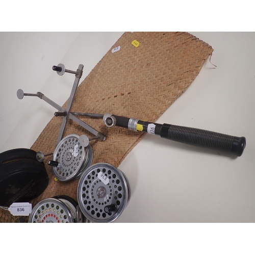 836 - A Hardy Marquis Salmon No1 Fly Reel in zip case, and two spare Spools, a Hardy's Folding Landing Net... 