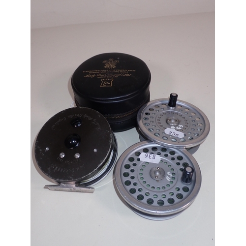 836 - A Hardy Marquis Salmon No1 Fly Reel in zip case, and two spare Spools, a Hardy's Folding Landing Net... 