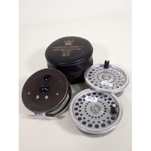 836 - A Hardy Marquis Salmon No1 Fly Reel in zip case, and two spare Spools, a Hardy's Folding Landing Net... 