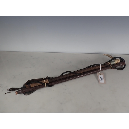 840 - A Ladies Hunting Whip with antler grip, plared collar, plaited shaft and leather leash, a leather Ri... 