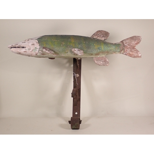 845 - A carved and painted Fishing Shop Sign in the form of a Pike on wrought iron bracket 2ft 11in W