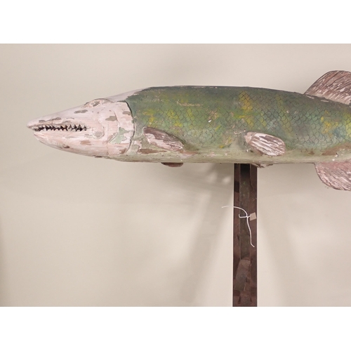 845 - A carved and painted Fishing Shop Sign in the form of a Pike on wrought iron bracket 2ft 11in W