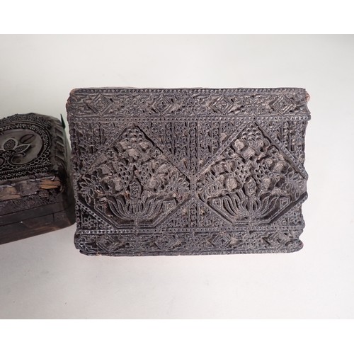 656 - A metal, mounted on wood, Printing Mould with fine repeat design, 11in, and two wooden Printing Moul... 