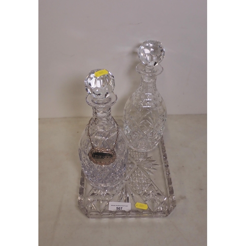 507 - Two cut glass Decanters, one with Sherry Label and a Tray