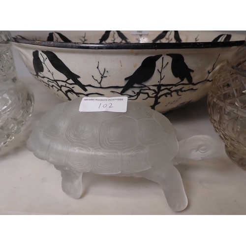 102 - A Trinket Box in the form of a frosted glass Tortoise, two heavy cut glass Water Jugs, and a Toilet ... 