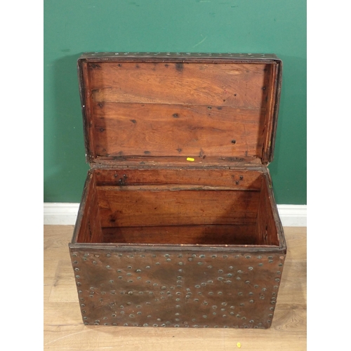 127 - An antique leather covered hardwood Box with brass studs and ring handles 2ft W x 1ft 6in H