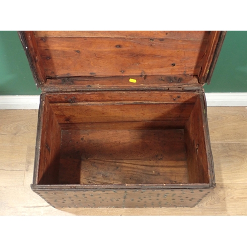 127 - An antique leather covered hardwood Box with brass studs and ring handles 2ft W x 1ft 6in H