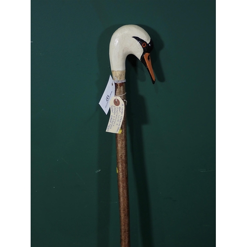 137 - A hazel Walking Stick with carved and painted Mute Swan handle initialled 'B.M.' 4ft 2in L