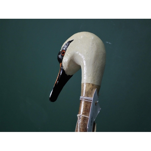 137 - A hazel Walking Stick with carved and painted Mute Swan handle initialled 'B.M.' 4ft 2in L