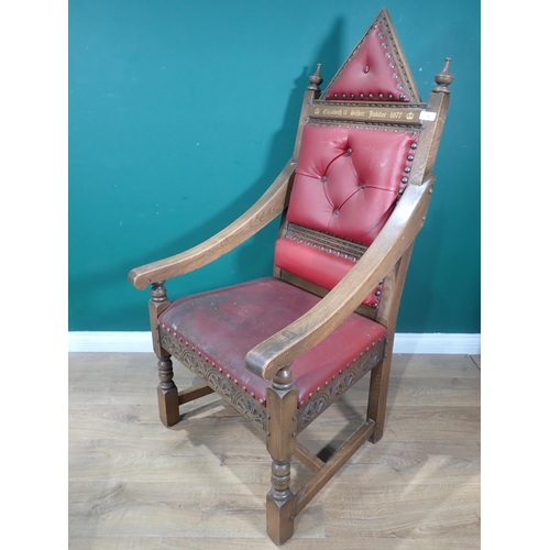 139 - An oak framed Elizabeth II Silver Jubilee 1977 Armchair with red leather button upholstery 4ft 8in H... 