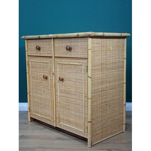 28 - A cane panelled and bamboo Chest fitted two drawers and two cupboard doors, 3ft 2in W x 2ft 11in H