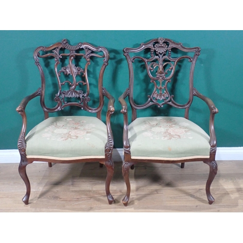 3 - Two Edwardian Elbow Chairs with floral and scroll carved backs, upholstered seats on slender cabriol... 