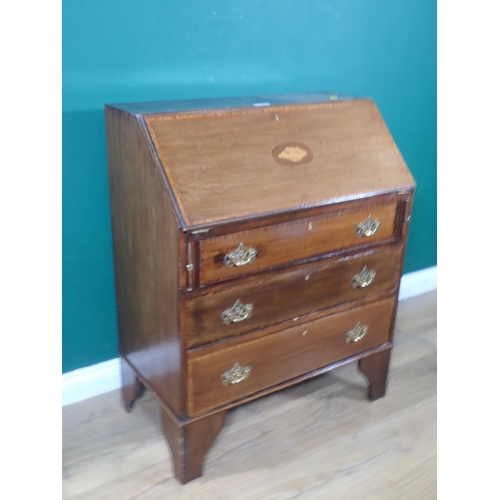 317 - An Edwardian mahogany and inlaid Bureau fitted three drawers 3ft H x 2ft 6in W