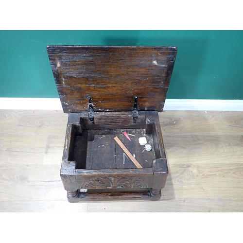 343 - An oak Box Stool in the 17th Century style with leafage carving 1ft 7in W x 1ft 4in H