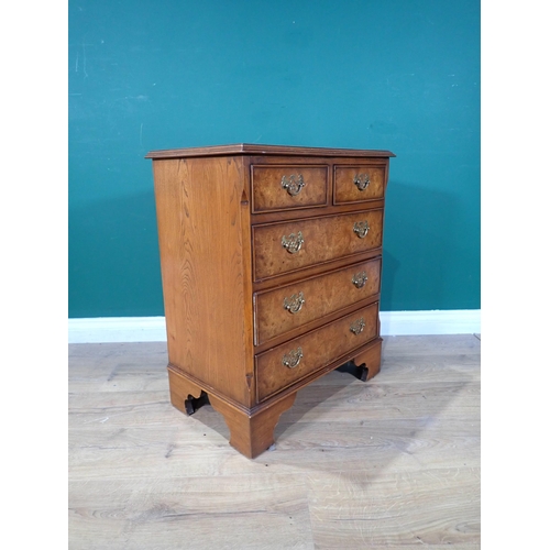 347 - A reproduction burr walnut Chest of two short, three long drawers on bracket feet. 2ft 4in H x 2ft W... 