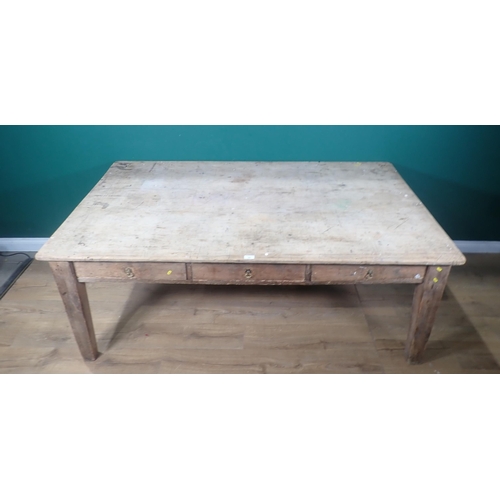 349 - A Victorian pine scrub top Kitchen or Dairy Table fitted three drawers to one side mounted on square... 