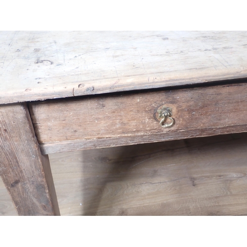 349 - A Victorian pine scrub top Kitchen or Dairy Table fitted three drawers to one side mounted on square... 