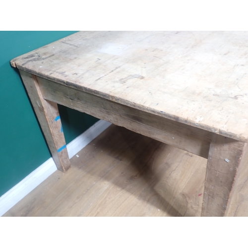 349 - A Victorian pine scrub top Kitchen or Dairy Table fitted three drawers to one side mounted on square... 