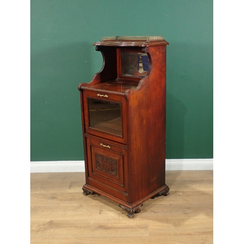 351 - A Victorian walnut Cabinet with pierced brass gallery and magazine rack pull down compartment 3ft 10... 