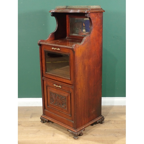 351 - A Victorian walnut Cabinet with pierced brass gallery and magazine rack pull down compartment 3ft 10... 