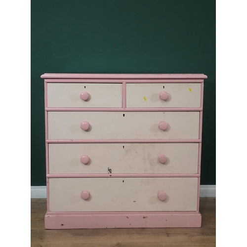 357 - An antique cream and pink painted pine Chest of two short and three long drawers on plinth base 3ft ... 