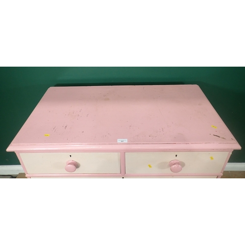 357 - An antique cream and pink painted pine Chest of two short and three long drawers on plinth base 3ft ... 