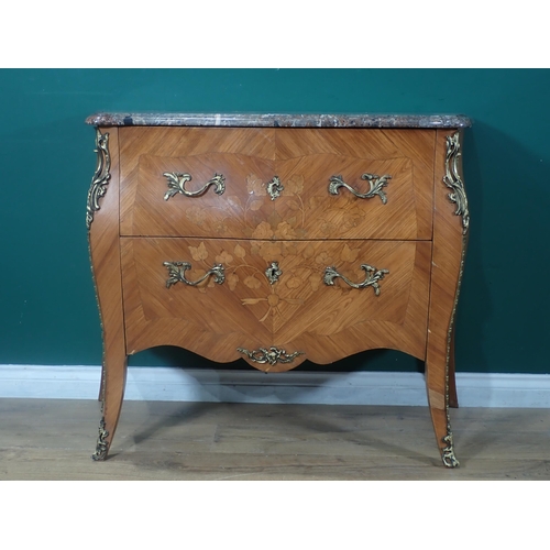 361 - A French marble topped kingwood veneered and marquetry inlaid bombe Commode fitted two drawers on sq... 