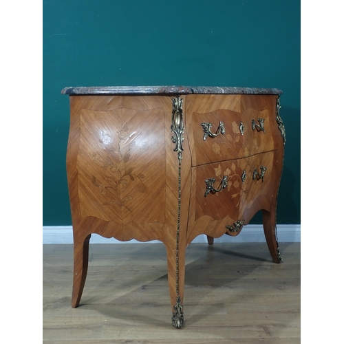 361 - A French marble topped kingwood veneered and marquetry inlaid bombe Commode fitted two drawers on sq... 