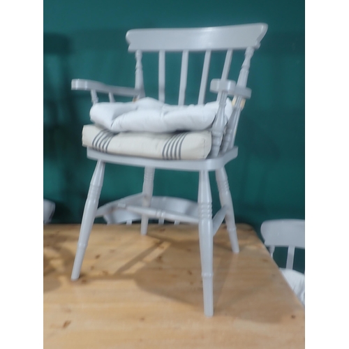 366 - A grey painted pine scrub top Kitchen Table 5ft 5in W x 2ft 6in H and six Chairs including two carve... 