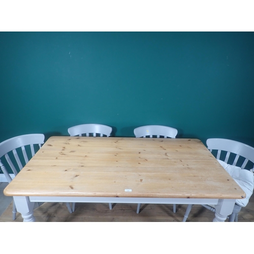 366 - A grey painted pine scrub top Kitchen Table 5ft 5in W x 2ft 6in H and six Chairs including two carve... 