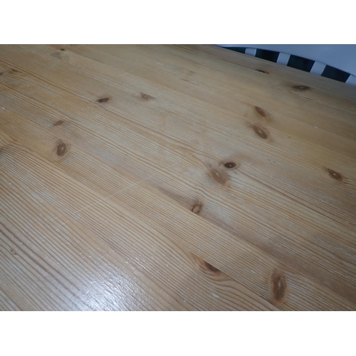 366 - A grey painted pine scrub top Kitchen Table 5ft 5in W x 2ft 6in H and six Chairs including two carve... 