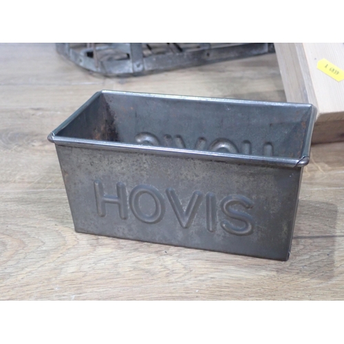 391 - A treen Bowl, Basket, Milk Crate, metal Tulips, Hovis Bread Tin and a Wash Board