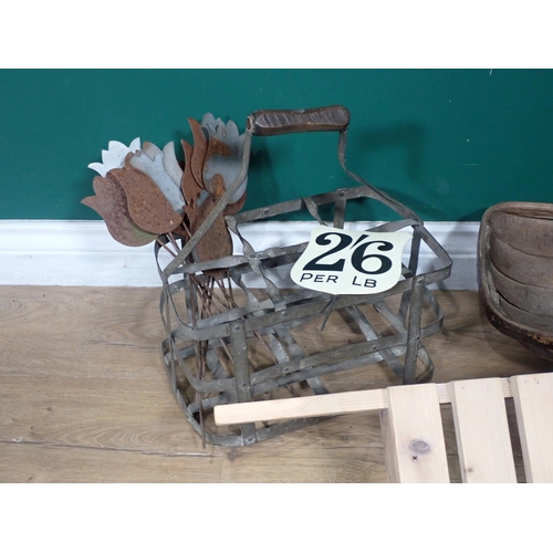 391 - A treen Bowl, Basket, Milk Crate, metal Tulips, Hovis Bread Tin and a Wash Board