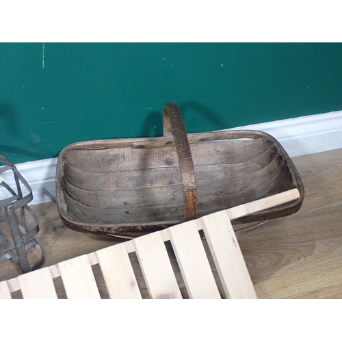 391 - A treen Bowl, Basket, Milk Crate, metal Tulips, Hovis Bread Tin and a Wash Board