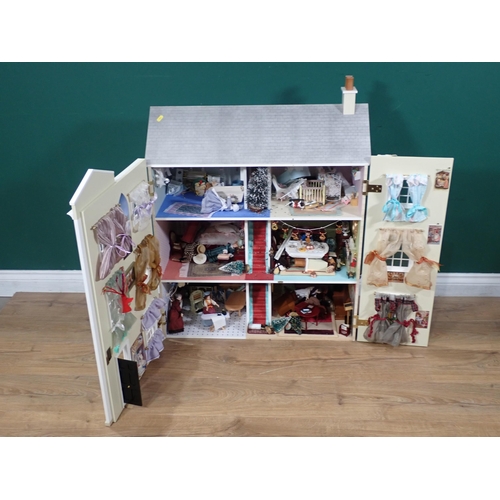 394 - A modern Doll's House with Dolls and Furniture 2ft 8in H x 2ft 4in W