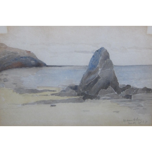 403 - ALBERT HARTLAND. A beached hulk on a shore at low tide, signed, watercolour, 7¼ x 13¼in; a watercolo... 