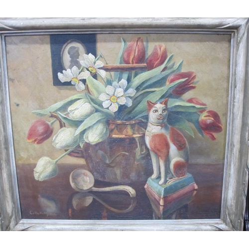 419 - WILLIAM COLLETT-MASON. A Still Life of flowers and Staffordshire Cat, signed, oil on canvas, 14 1/2 ... 