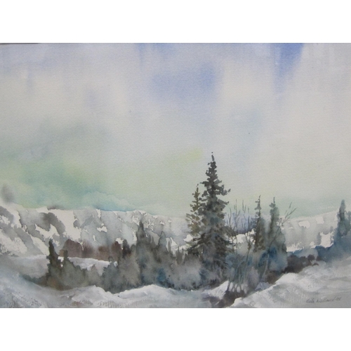 421 - E. GRIEG HALL. Mountains and lake, signed, watercolour, 14 x 19in; a watercolour of a winter landsca... 