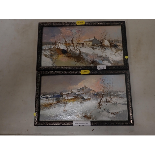 505 - A pair of oil on board Paintings of snowy Landscapes, signed Tosti. M. 10in x 5 1/2in