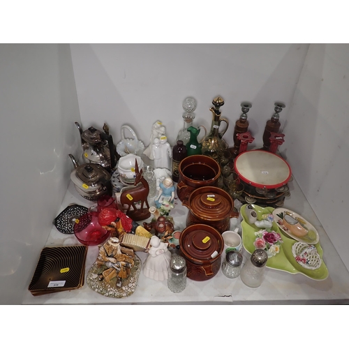 519 - Assorted ceramics and plated ware including Candlesticks, cut glass Decanter, Tea Pot, etc.