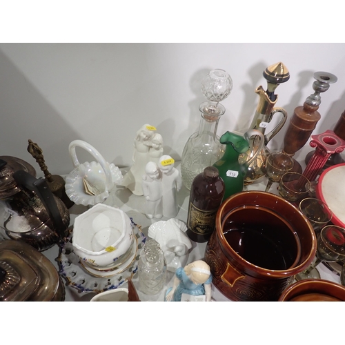 519 - Assorted ceramics and plated ware including Candlesticks, cut glass Decanter, Tea Pot, etc.