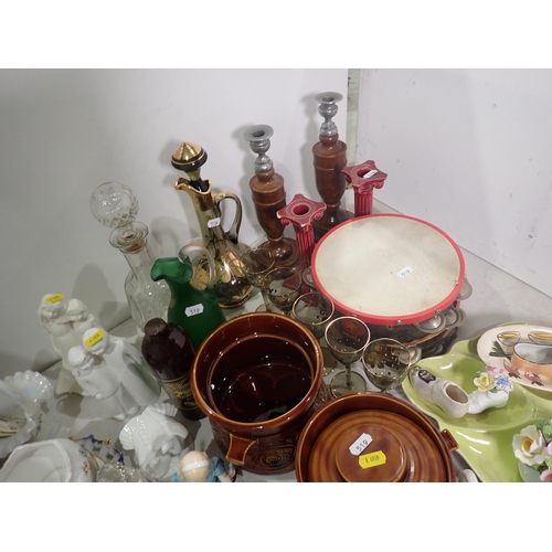 519 - Assorted ceramics and plated ware including Candlesticks, cut glass Decanter, Tea Pot, etc.