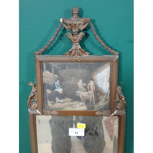 54 - A Regency style gilt framed Wall Mirror with print of farmers inset 2ft 9in H x 11in W