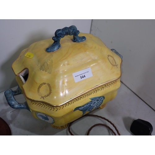 544 - A yellow painted ceramic Tureen and Cover signed Emily Jones and a brass Reading Light