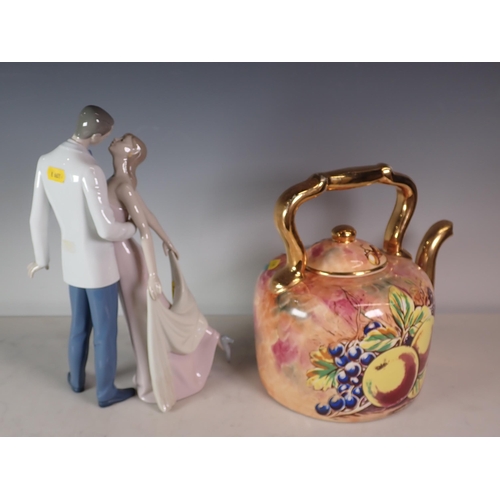 556 - A Staffordshire Teapot painted fruit signed A. Mellor A/F and a Lladro Figure of a dancing couple 'H... 