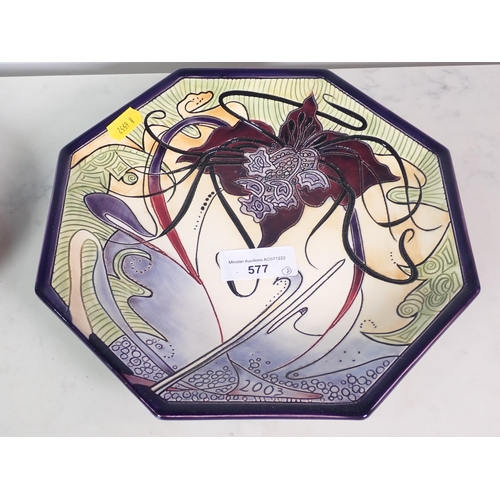 577 - Two Moorcroft Plates, an octagonal 2003 Commemorative Plate, 10in and a small Dish with blue anenome... 