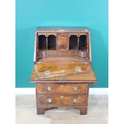 607 - A Georgian walnut veneered Bureau with fall front enclosing fitted interiors above dummy drawer and ... 