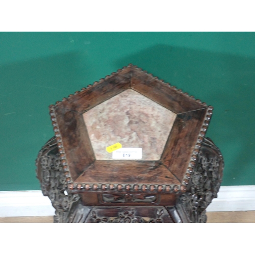 619 - A Chinese rosewood pentagonal Plant Stand with marble inset top on cherry blossom carved supports 2f... 