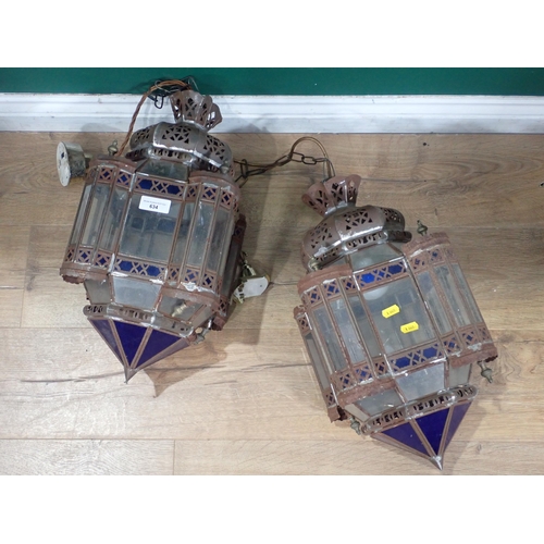 634 - A pair of pierced metal and coloured glass Lanterns 1ft 8in H x 9in W